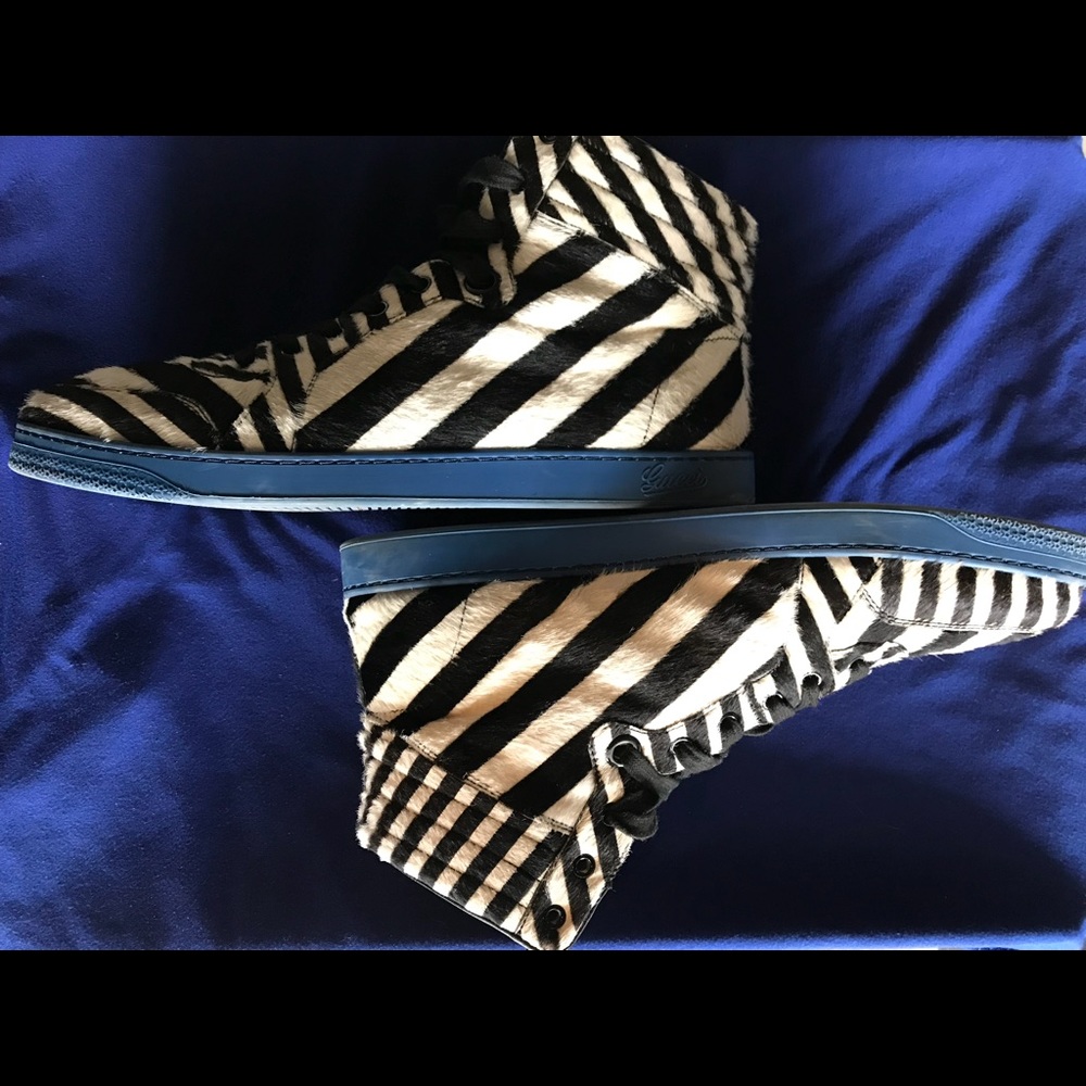 NIB MENS GUCCI ZEBRA PRINT CALF HAIR HIGH TOP